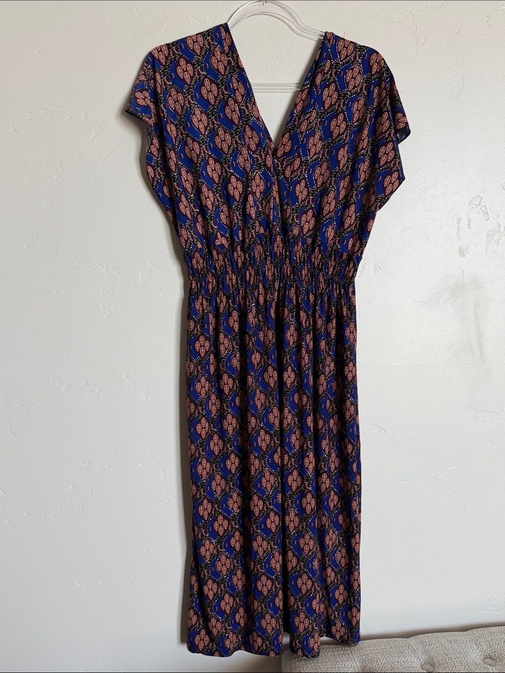 Peacock Print Navy V-Neck Midi Dress Dolman Sleeve Bohemian Dress